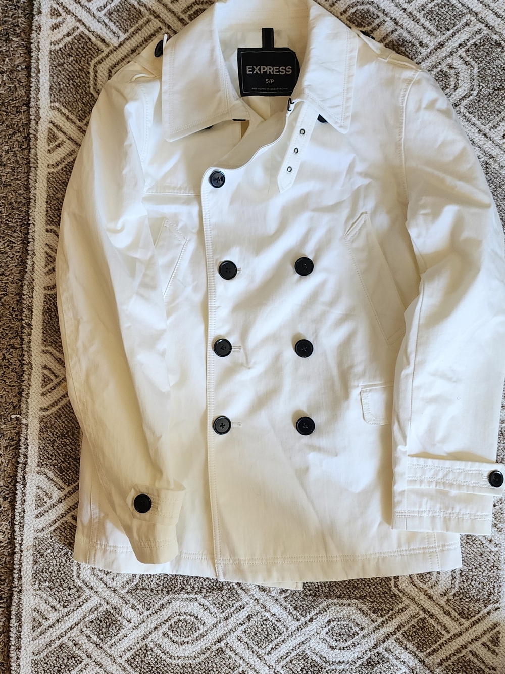 Express Men’s White Double-Breasted Trench Coat with Black Buttons